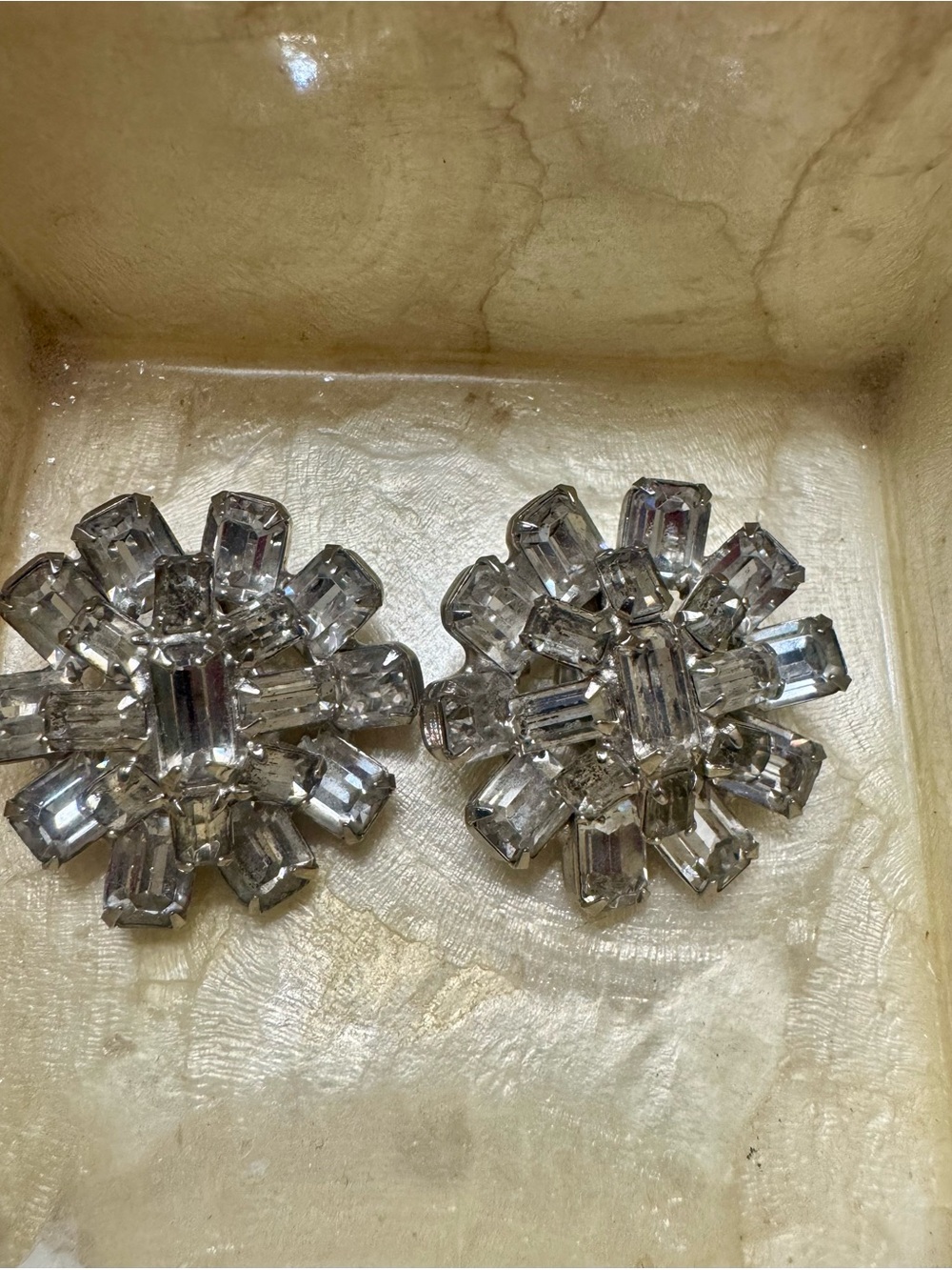Vintage Crystal Cluster Clip-On Earrings - Sparkling Floral Statement